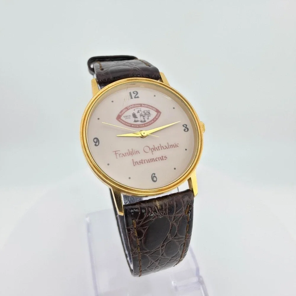 Vtg FRANKLIN OPHTHALMIC INSTRUMENTS Watch Brown Alligator Leather Gold Tone 7.5